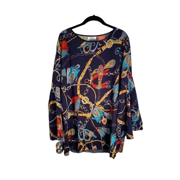 Jovie women’s  plus size navy buckle chain, print bell sleeve blouse, size 1X  - Picture 5 of 7